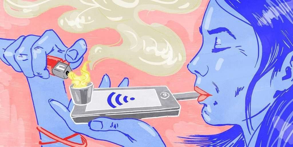 grafica donna cellulare che fuma colorata disegno