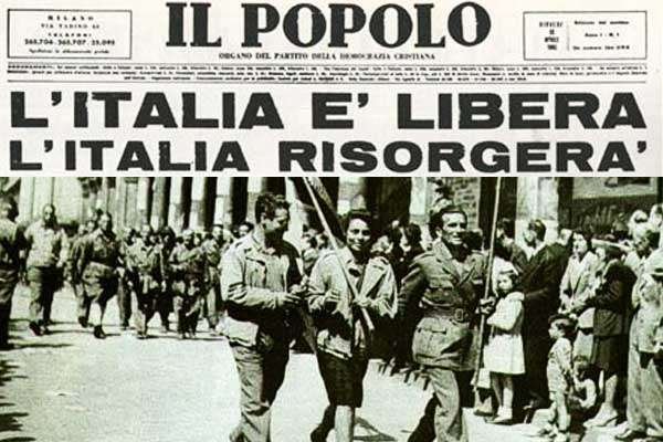 italia liberazione 25 aprile foto antica bianco e nero manifestazione piazza bandiera 1945 guerra partigiani resistenza giornale il popolo titolo