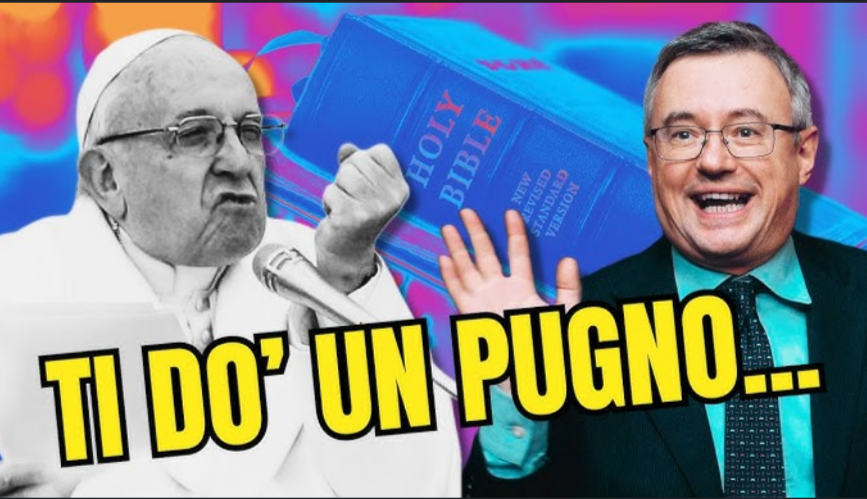Toto Papa Conclave meme Papa Bergoglio Papa Francesco con scritta Ti do un Pugno vs Barbero Alessandro storico medievale