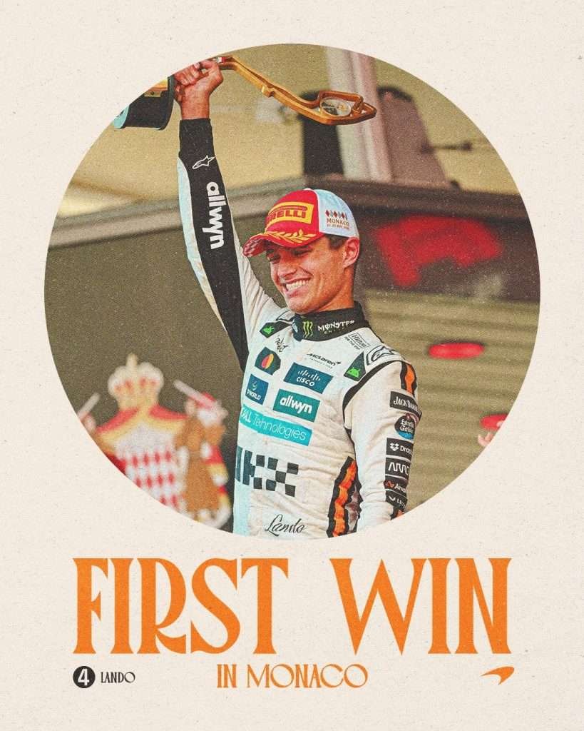 F1 Monaco Norris vince il primo posto scritta first win 2025